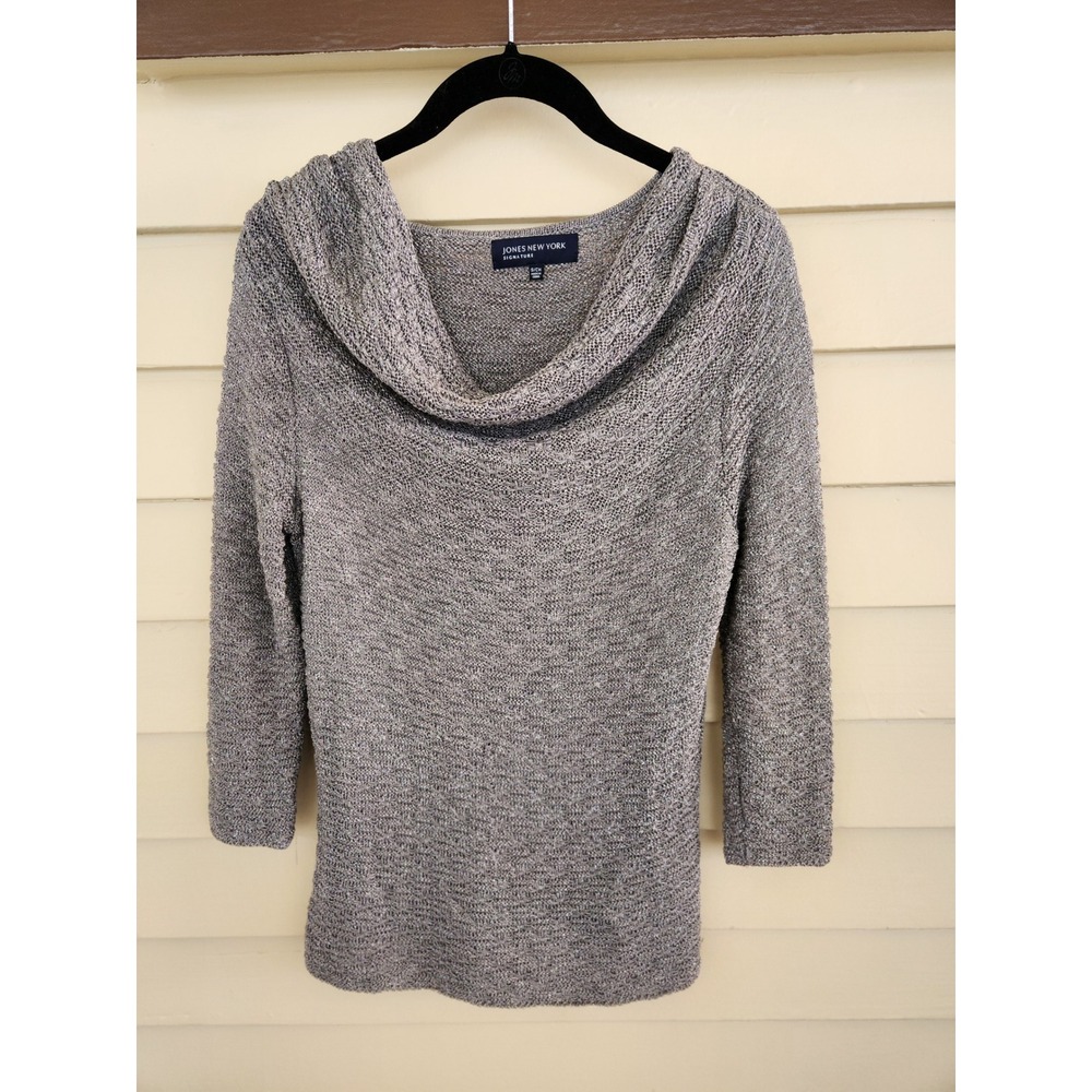 Jones New York Metallic Silver Cowl Neck Top Small Knitted Evening Party Blouse